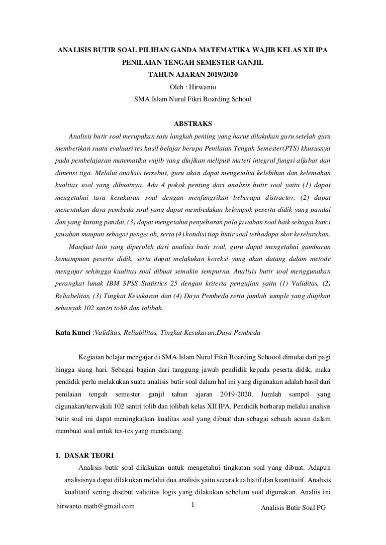 Analisis Butir Soal Pilihan Ganda Matematika Wajib Kelas Xii Ipa