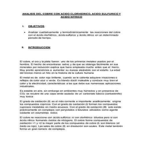 Analisis cualitativo y termodinamico del cobre con acidos