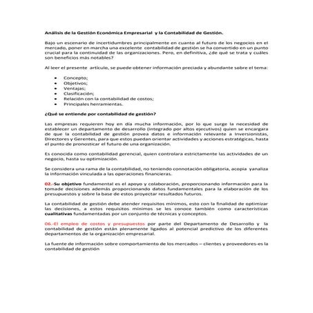 Análisis de la Gestión Económica Empresarial y la Contabilidad de Gestión.