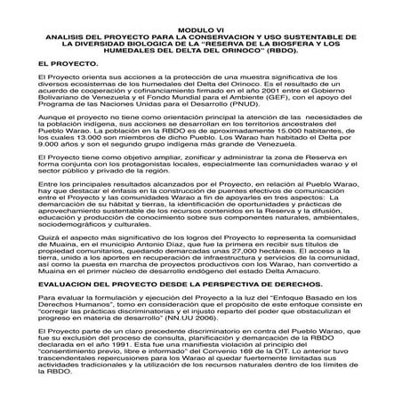 ANALISIS, DESDE EL ENFOQUE DE DERECHOS, DEL PROYECTO PARA LA CONSERVACION Y USO SUSTENTABLE DE  LA DIVERSIDAD BIOLOGICA DE LA RESERVA DE LA BIOSFERA Y LOS  HUMEDALES DEL DELTA DEL ORINOCO