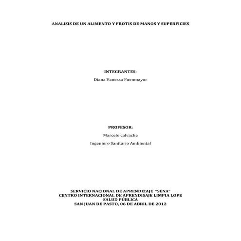 Analisis de un alimento y frotis de manos y superficies