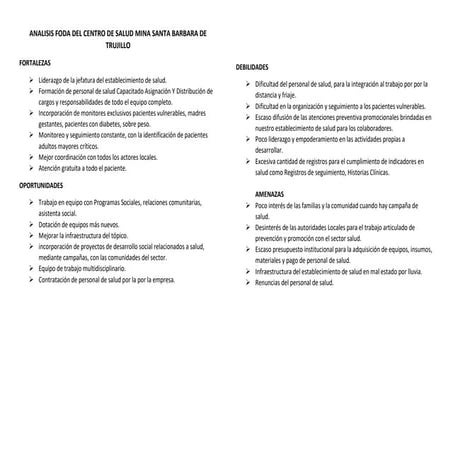 ANALISIS DE FODA DE PUESTO DE SALUD EN UNIDAD. | DOCX