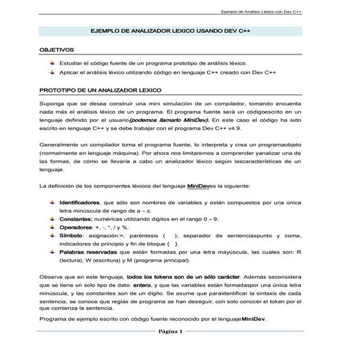 Compiladores, Analisis Lexico, Ejemplo Minilenguaje