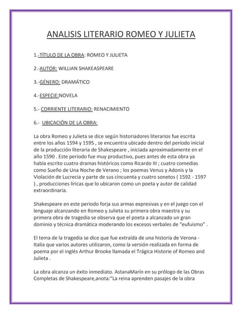 Analisis Literario Romeo Y Julieta