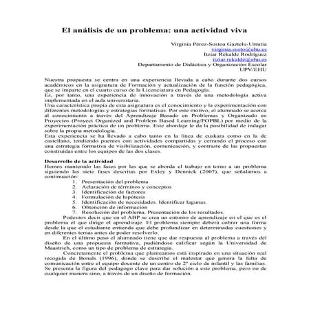"Análisis de un problema: una actividad viva", POPBL en Pedagogía