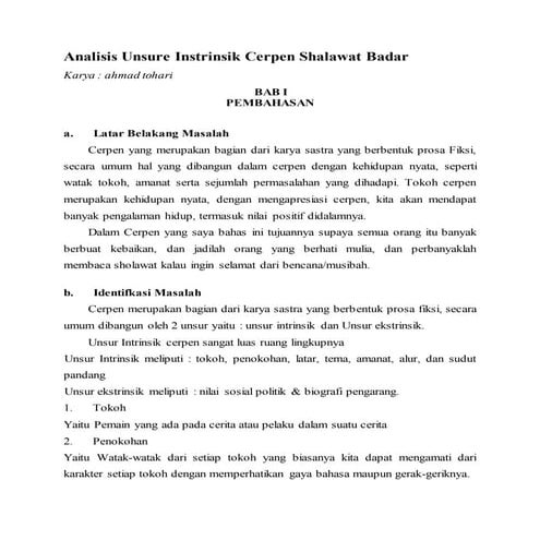 Analisis unsure instrinsik_cerpen_shalawat_badar | DOCX