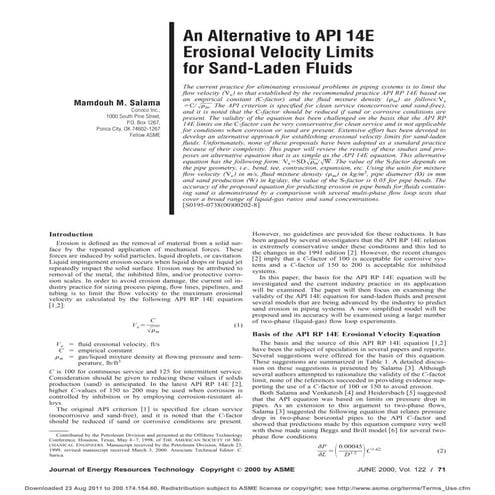 An alternative to api 14 e erosional velocity limits for sand laden fluids, m...