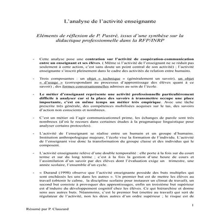 Analyse de l’activité enseignante Extrait texte de Pierre Pastre 