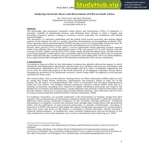 Analysing Electronic Theses And Dissertations Etds In South Africa Pdf
