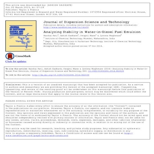 Analysing stability in water-in-diesel fuel emulsion