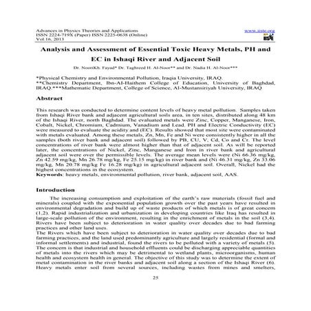 Analysis and assessment of essential toxic heavy metals, ph and