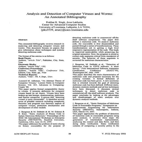 Analysis and detection of computer viruses and worms