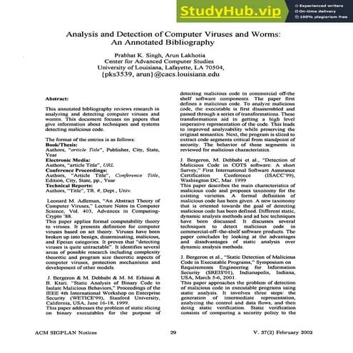 Analysis And Detection Of Computer Viruses And Worms  An Annotatedbibliography