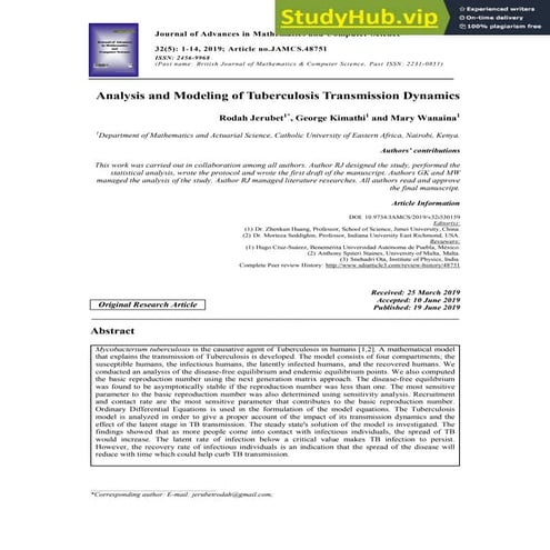 Analysis And Modeling Of Tuberculosis Transmission Dynamics | PDF