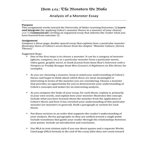 ISem 101 Monster Analysis Essay Assignment Sheet