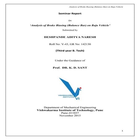 Analysis of Brake Biasing (Balance Bar) on BAJA (ATV) vehicle