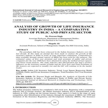 ANALYSIS OF GROWTH OF LIFE INSURANCE INDUSTRY IN INDIA   A COMPARATIVE STUDY ...