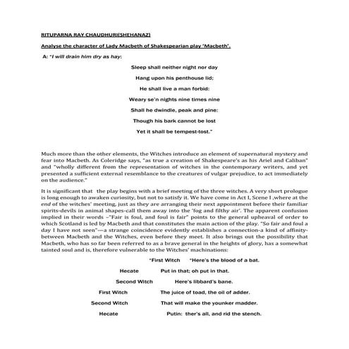 Analysis of lady macbeth in william shakespeare's macbeth