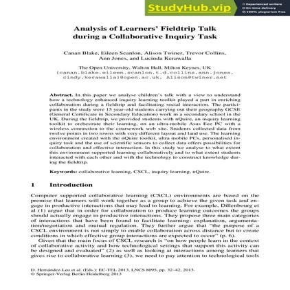 Analysis Of Learners  Fieldtrip Talk During A Collaborative Inquiry Task