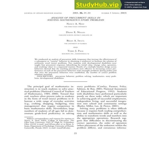 Analysis Of Precurrent Skills In Solving Mathematics Story Problems