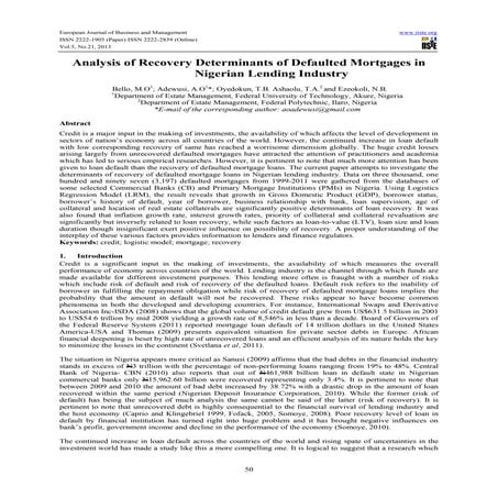 Analysis of recovery determinants of defaulted mortgages in nigerian lending ...