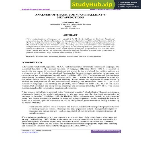 ANALYSIS OF THANK YOU M AM  HALLIDAY S METAFUNCTIONS