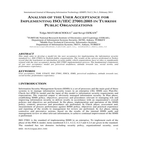 Analysis of the User Acceptance for Implementing ISO/IEC 27001:2005 in Turkis...