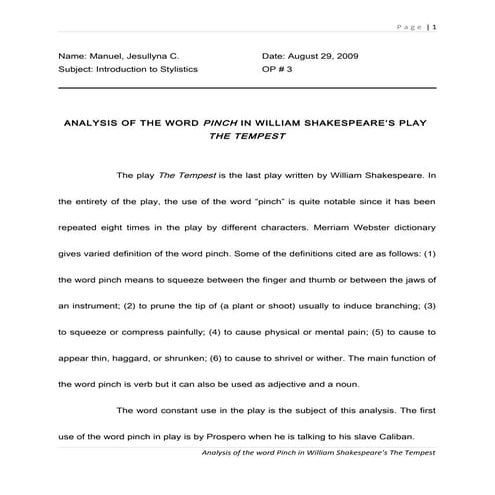 Analysis of the word pinch in shakespeare's the tempest