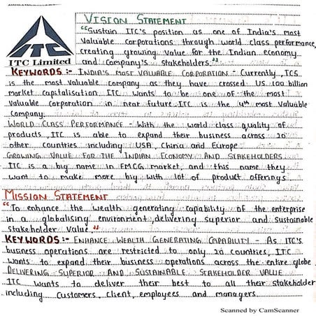 Analysis of vision and mission statement of ITC, Wipro, Deloitte, Infosys, Hero Motocorp