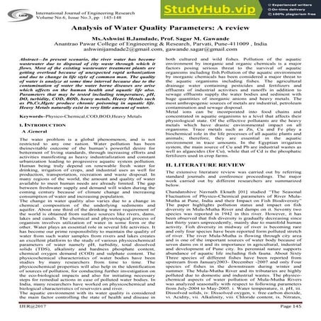 Analysis Of Water Quality Parameters A Review | PDF
