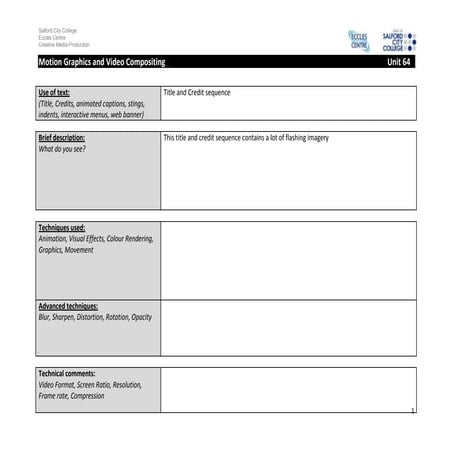 Analysis sheet title and credit sequence