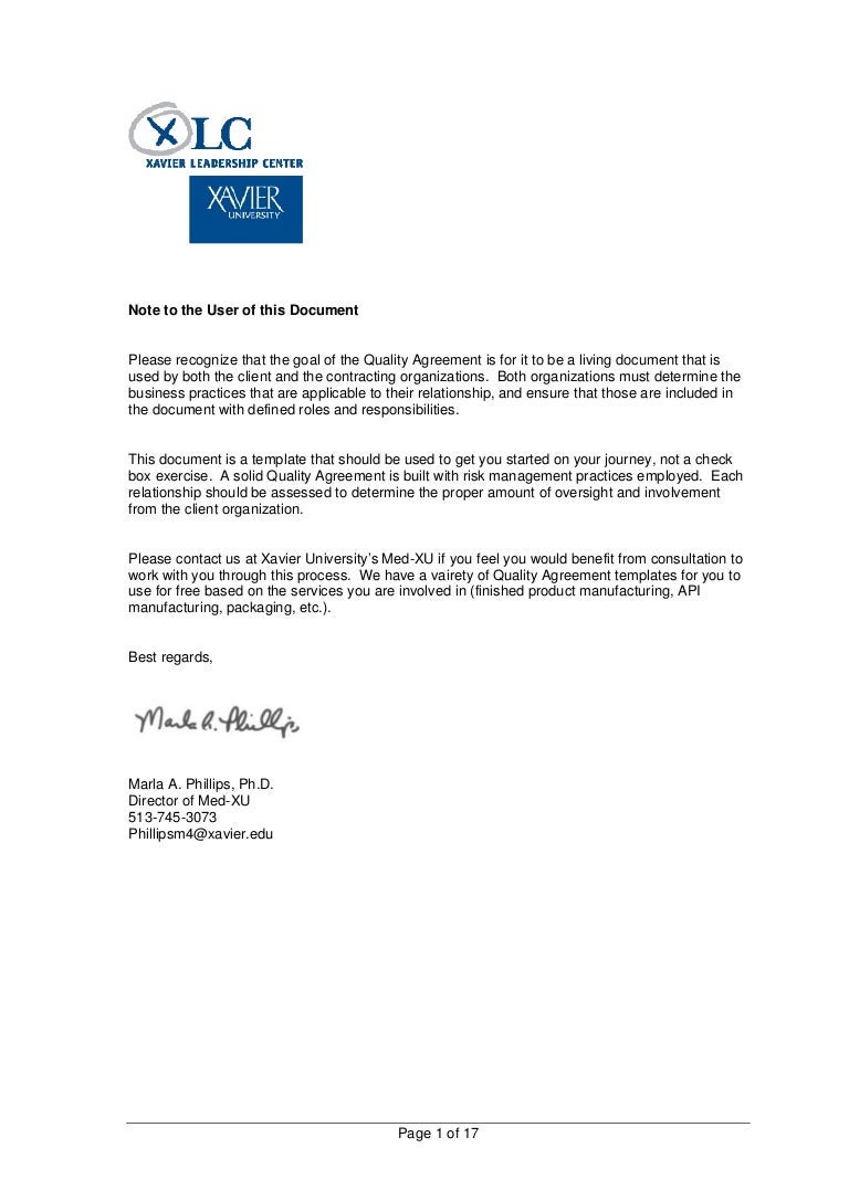 Analytical Quality Agreement Template