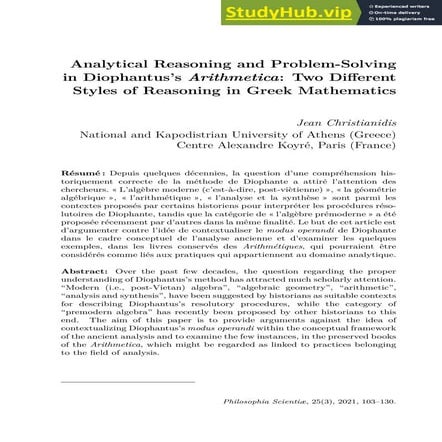 Analytical Reasoning and Problem-Solving in Diophantus s Arithmetica ...