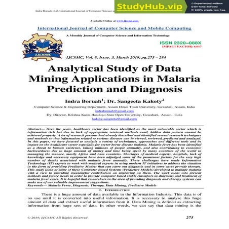 Analytical Study Of Data Mining Applications In Malaria Prediction And Diagnosis