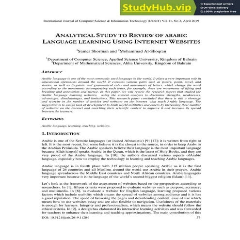 ANALYTICAL STUDY TO REVIEW OF ARABIC LANGUAGE LEARNING USING INTERNET ...