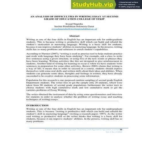 An Analysis Of Difficulties In Writing Essay At Second Grade Of Education Col...