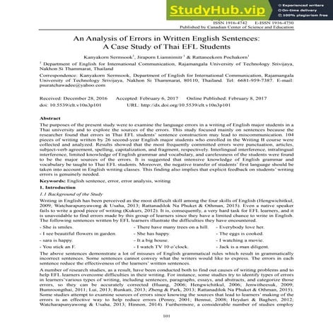 An Analysis Of Errors In Written English Sentences  A Case Study Of Thai EFL ...