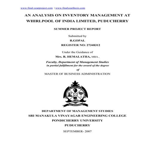 An analysis on inventory management at whirlpool of india limited