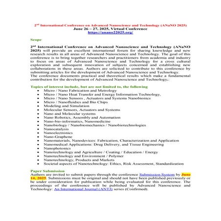 International Conference on Advanced Nanoscience and Technology (ANaNO 2025)