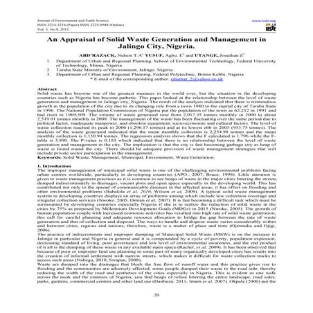 An appraisal of solid waste generation and management in jalingo city, nigeria.
