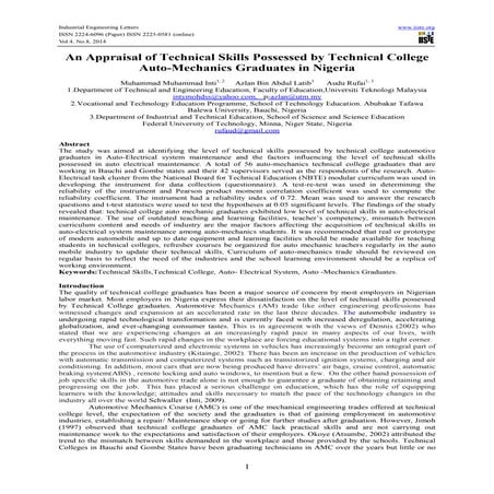 An appraisal of technical skills possessed by technical college auto mechanic...