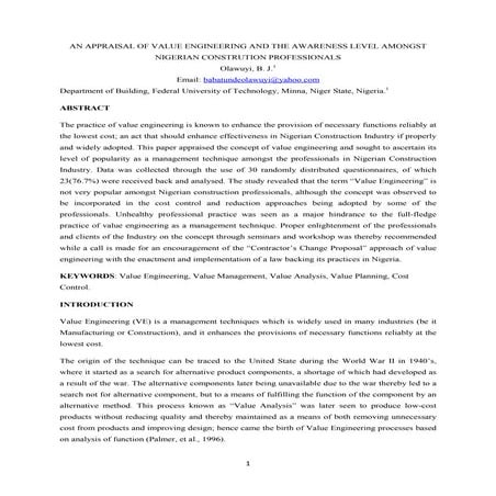 AN APPRAISAL OF VALUE ENGINEERING AND THE AWARENESS LEVEL AMONGST NIGERIAN CO...