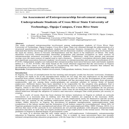 An assessment of entrepreneurship involvement among undergraduate students of...