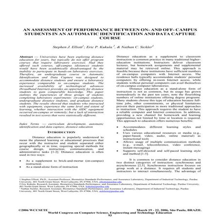 (2006) An assessment of performance between on and off-campus students in an …