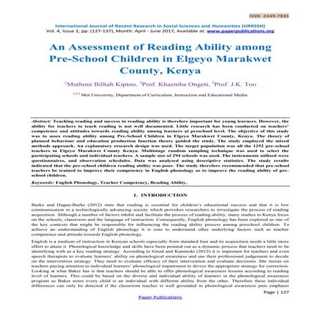 An Assessment of Reading Ability among Pre-School Children in Elgeyo Marakwet County, Kenya