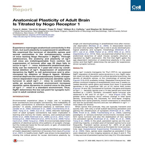 Anatomical plasticity of adult brain is titrated by nogo receptor 1 (06 March 2013)
