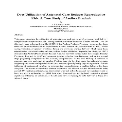 Does Utilization of Antenatal Care Reduces Reproductive Risk?  A Case Study o...