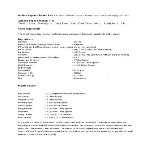 Andhra pepper chicken rice