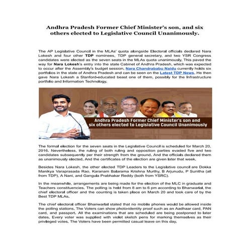 Andhra Pradesh Former Chief Minister's son, and six others elected to ...