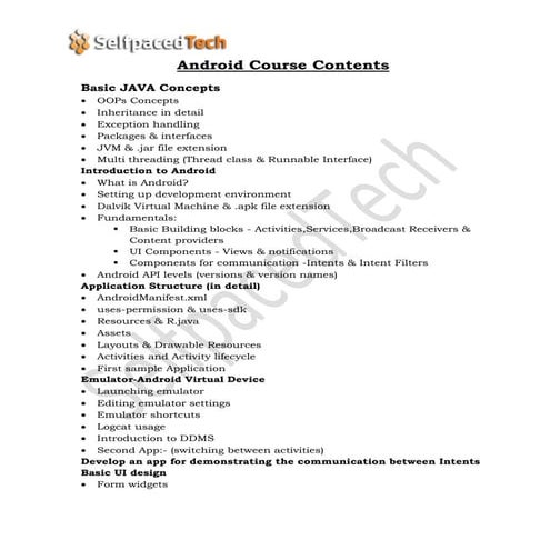 Android course contents|SelfpacedTech